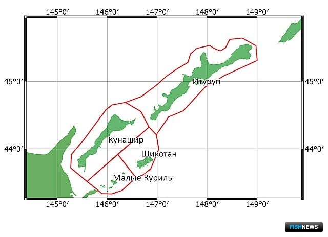 Рис. 24. Основные районы обитания серого морского ежа в Южно-Курильской зоне