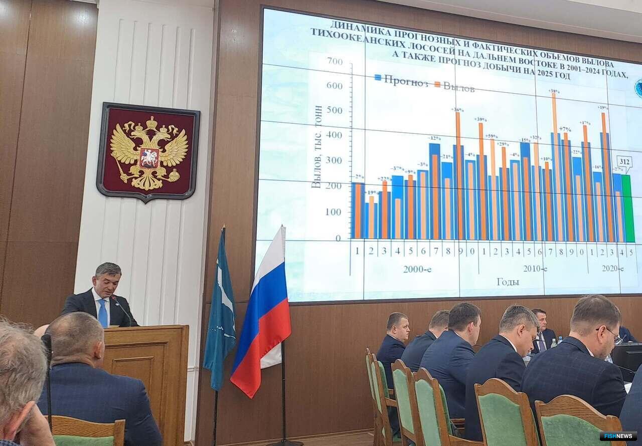 Подготовку к лососевой путине ежегодно рассматривает Дальневосточный научно-промысловый совет. На фото – заседание в апреле 2025 года в Южно-Сахалинске