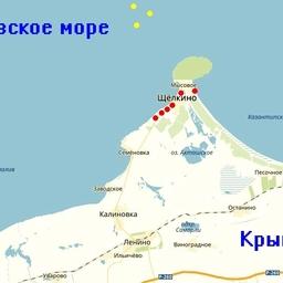 Азовское побережье Крыма, на котором локально, у села Мысовое (район мыса Казантип), обнаружены погибшие осетры. Красным обозначен участок побережья с мертвыми  осетрами, желтым – примерный район их гибели. Изображение предоставлено пресс-службой АзНИИРХ