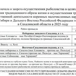 Сроки начала и запрета добычи лосося в режиме традиционного рыболовства в Сахалинской области в 2025 году. Из протокола региональной комиссии по анадромным