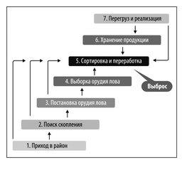 Рис. 2 Схема промыслового цикла рыбодобывающего судна, оборудованного технологической линией по переработке улова